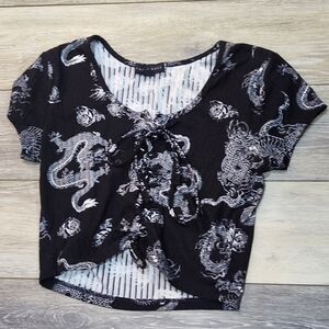 Faded Rose Black Dragon Print Women Crop Top Y2K Size Medium